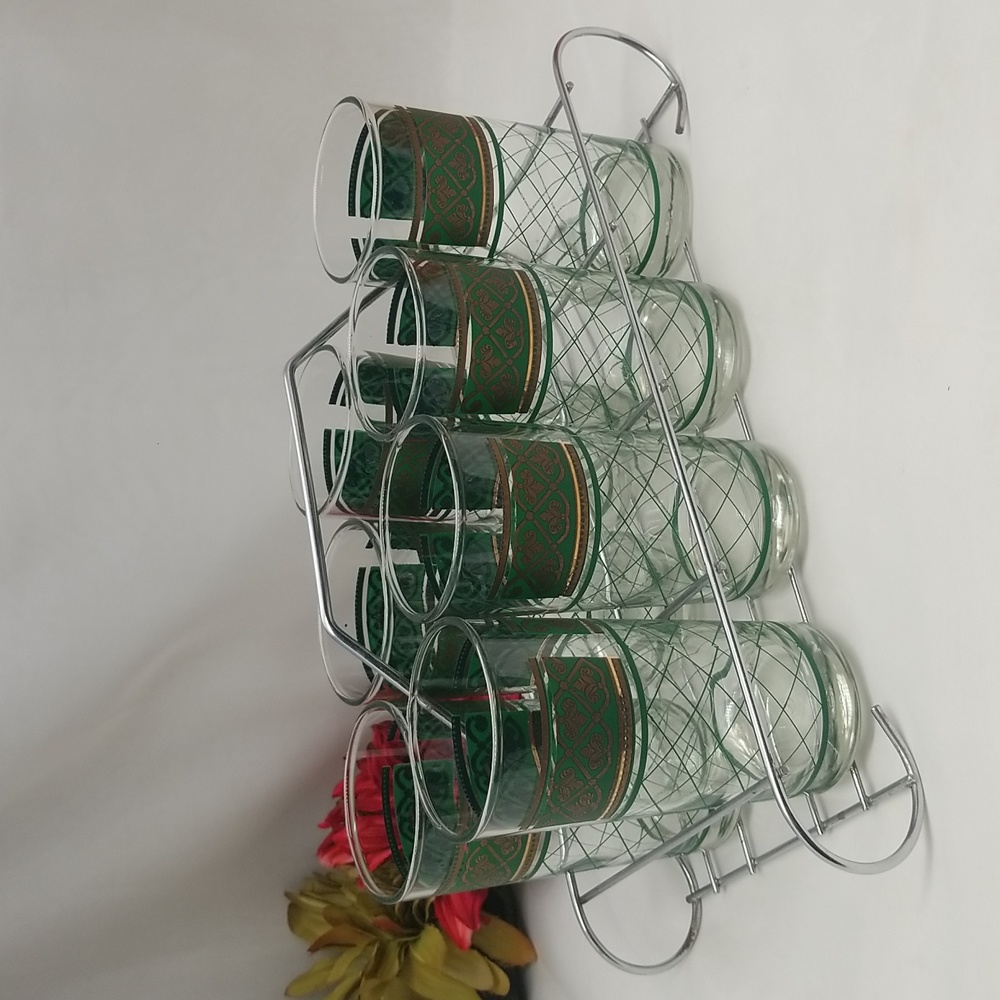 Dominion Glass Fleur De Lis Highball Glasses with Crome Carrier